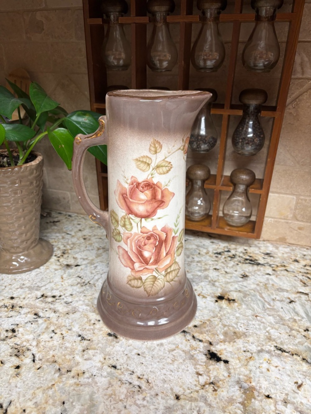 Vintage Chocolate Pot Rose Ceramic Pitcher - Pink Rose Motif